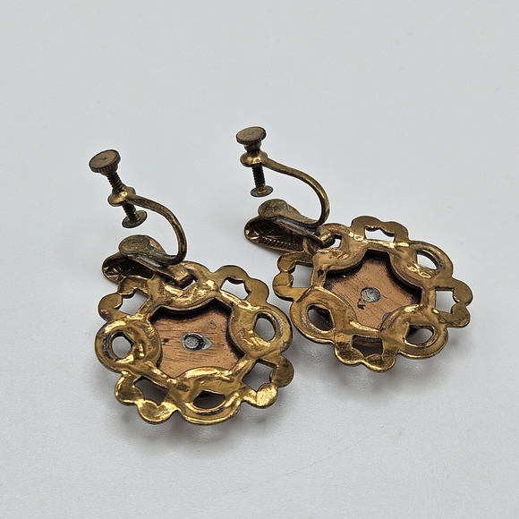 VINTAGE Victorian Style Gold Tone Dangle Earrings Screw Clip Back MCM - Picture 4 of 5
